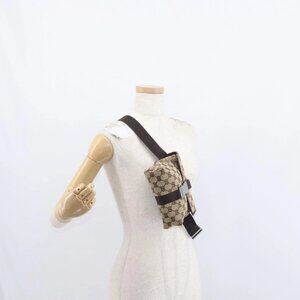GUCCI GG Canvas Waist Bag Beige Silver 131236 Auth tb1255